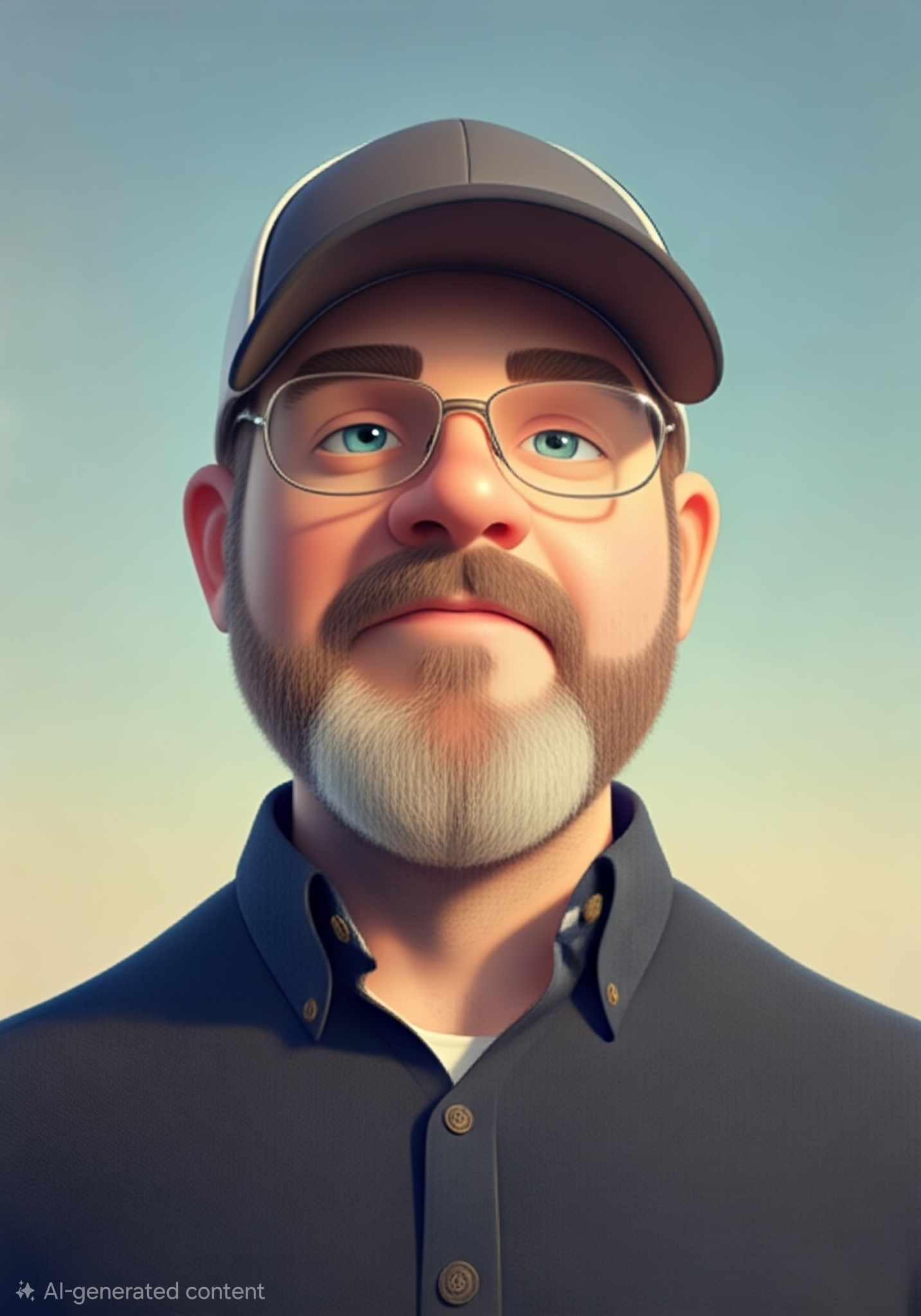 AI-illustrated portrait of Daniel Koger wearing glasses and a cap